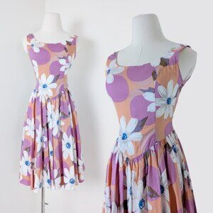 90s Corset Dress Fit Flare Circle Skirt Fitted Pleated Midi Colourful Floral